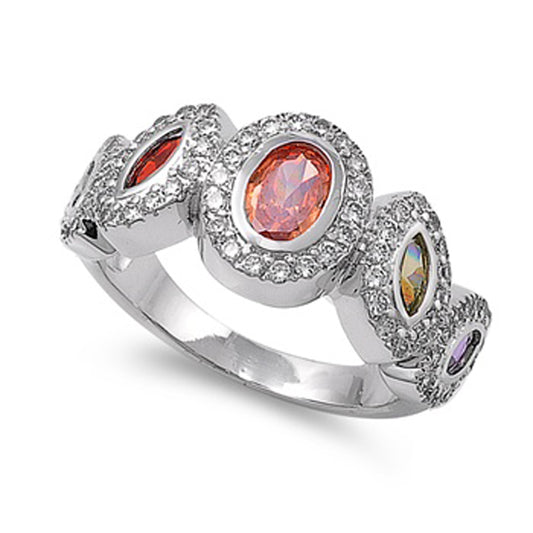 Oval Multicolor CZ Halo Statement Ring New .925 Sterling Silver Band Sizes 5-9