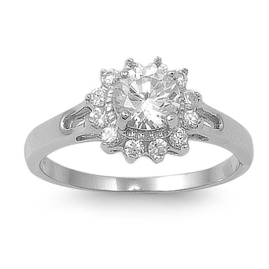 Round Clear CZ Solitaire Flower Bridal Ring .925 Sterling Silver Band Sizes 4-9