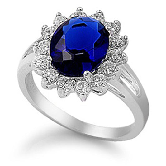 Oval Blue Sapphire CZ Flower Halo Ring New .925 Sterling Silver Band Sizes 5-10