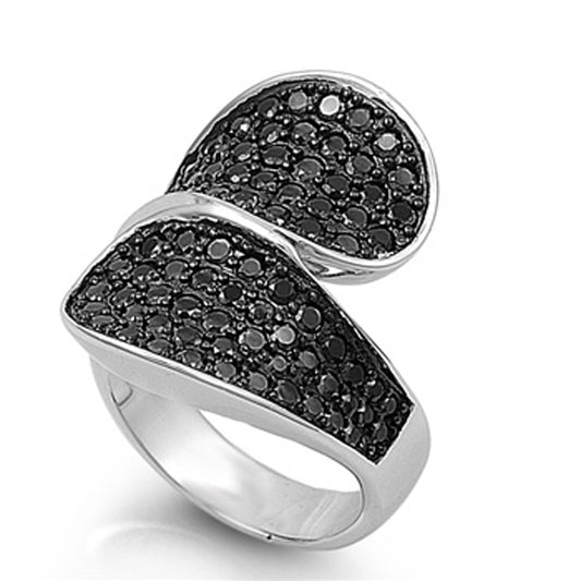 Dark Prong Black CZ Large Wide Wave Loop Ring Sterling Silver Band Sizes 6-9