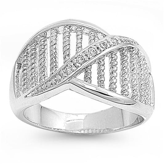 Clear CZ Rope Twist Crossover Shine Ring New 925 Sterling Silver Band Sizes 6-9