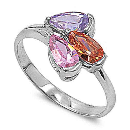 Multicolor CZ Pear Teardrop Retro Ring New .925 Sterling Silver Band Sizes 5-9