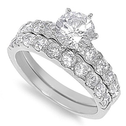 Sterling Silver Custom Engagement Ring Wedding Band Bridal Set CZ Sizes 5-10