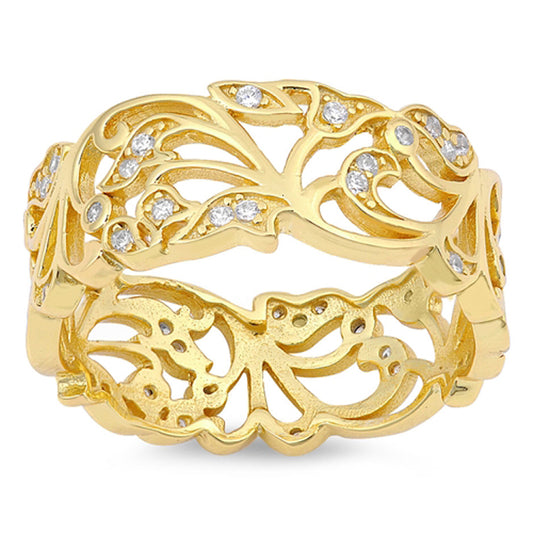 Yellow Gold-Tone Filigree White CZ Wide Ring 925 Sterling Silver Band Sizes 5-12