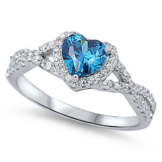 Heart Blue Topaz CZ Halo Infinity Promise Sterling Silver Ring Sizes 4-13
