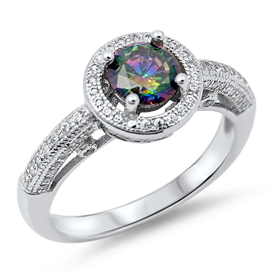 Women's Wedding Rainbow Topaz CZ Halo Ring .925 Sterling Silver Band Sizes 5-10