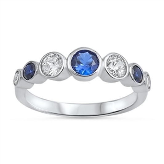 Womens Round Blue Sapphire CZ Ring 925 Sterling Silver Bezel Set Band Sizes 5-10