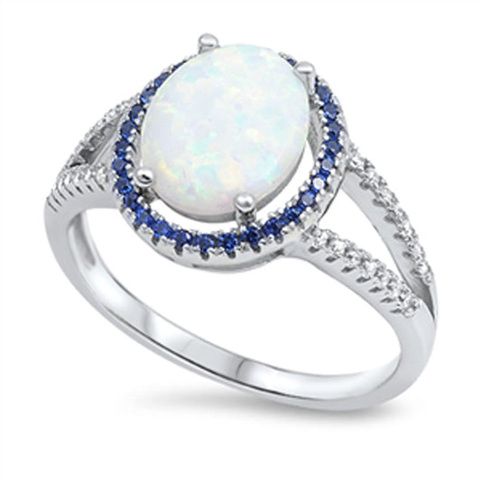 Womens White Lab Opal Blue Sapphire CZ Halo Ring .925 Sterling Silver Sizes 4-10