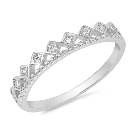 Square Crown White CZ Tiara Ring New .925 Sterling Silver Accent Band Sizes 5-10