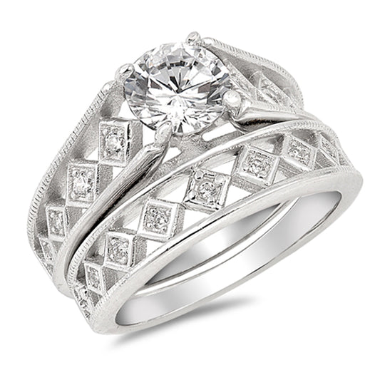 Round White CZ Filigree Square Wedding Ring .925 Sterling Silver Band Sizes 5-10