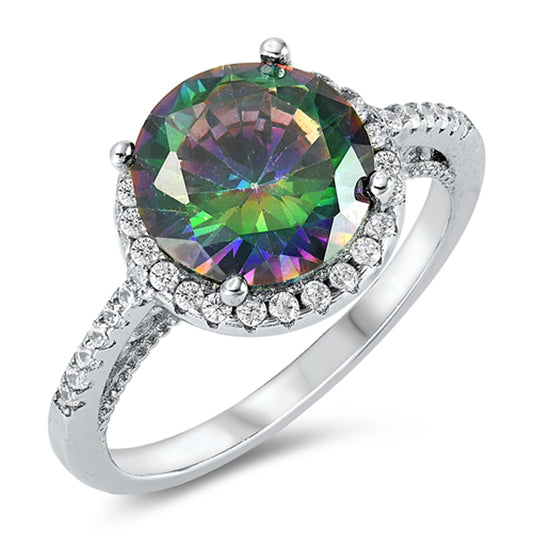 Rainbow Topaz Elegant Round Halo Promise Ring New .925 Sterling Silver Band Sizes 6-10