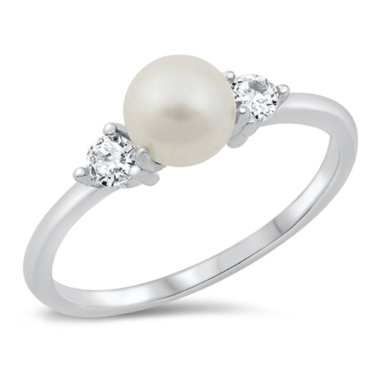 Clear CZ Freshwater Pearl Engagement Ring .925 Sterling Silver Band Sizes 4-10