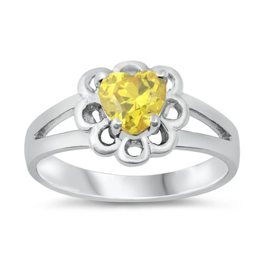Yellow CZ Heart Flower Unique Cutout Ring .925 Sterling Silver Band Sizes 1-5