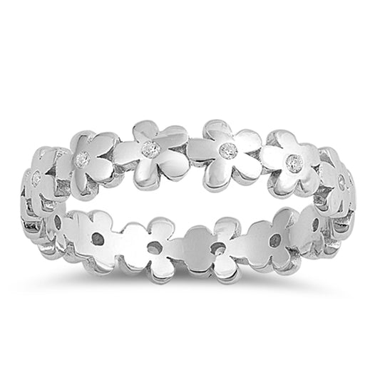 Clear CZ Studded Repeating Flower New .925 Sterling Silver Band Sizes 1-5