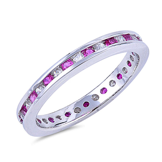Pink CZ Eternity Stackable Thin Ring New .925 Sterling Silver Band Sizes 5-8