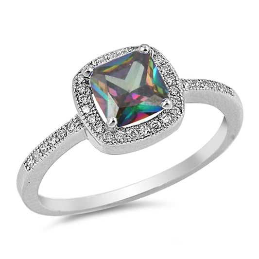 Rainbow Topaz CZ Square Halo Ring New .925 Sterling Silver Band Sizes 4-10