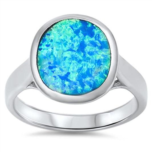 Blue Lab Opal Round Bold Statement Promise Ring New .925 Sterling Silver Band Sizes 6-10