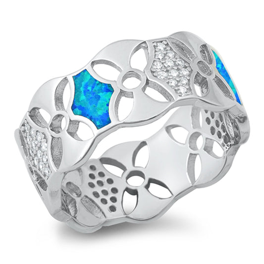 Blue Lab Opal Retro Cutout Flower Ring New .925 Sterling Silver Band Sizes 6-10