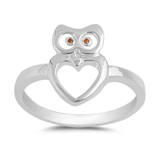 Owl Heart Champagne CZ Promise Ring New .925 Sterling Silver Band Sizes 4-10