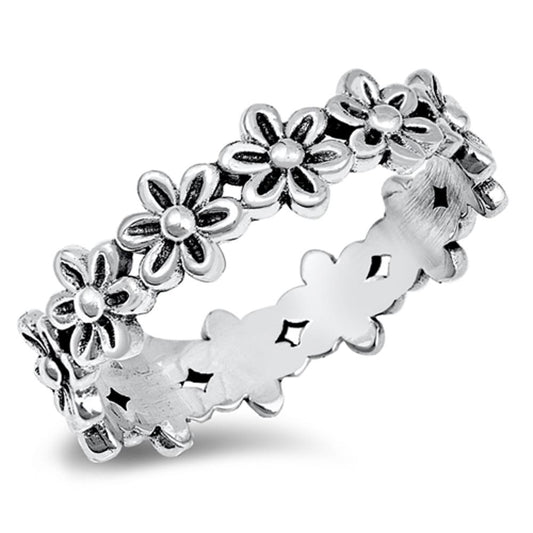 Plumeria Flower Eternity Promise Ring .925 Sterling Silver Daisy Band Sizes 4-10