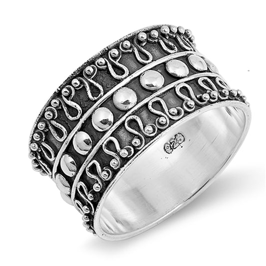 Bohemian Style Beaded Wave Boho Ring .925 Sterling Silver Bali Band Sizes 6-10