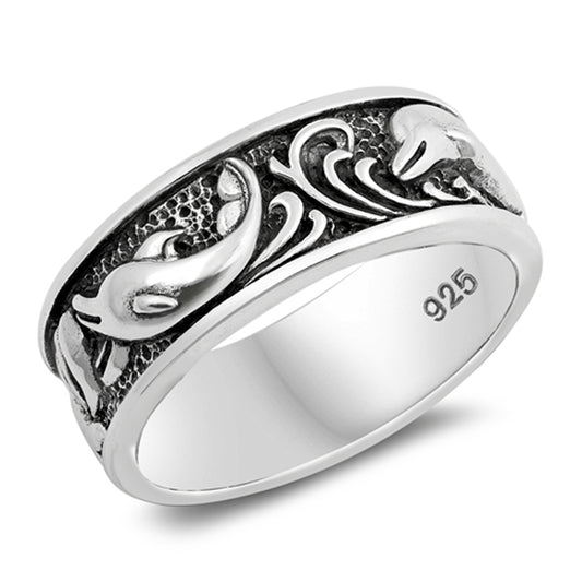 Oxidized Dolphin Wave Playing Animal Ring .925 Sterling Silver Band Sizes 6-12