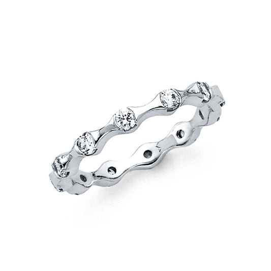 14k White Gold Clear CZ Eternity Thin Wave Wedding Ring Forever Band Sizes 5-9