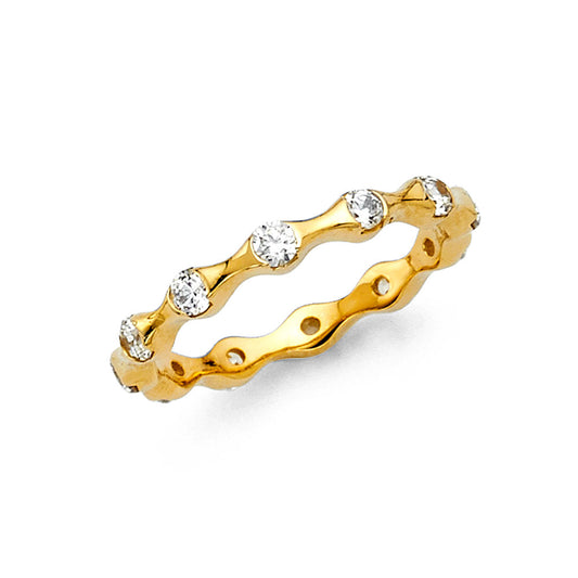 14k Yellow Gold White CZ Eternity Thin Wave Wedding Ring Forever Band Sizes 5-9