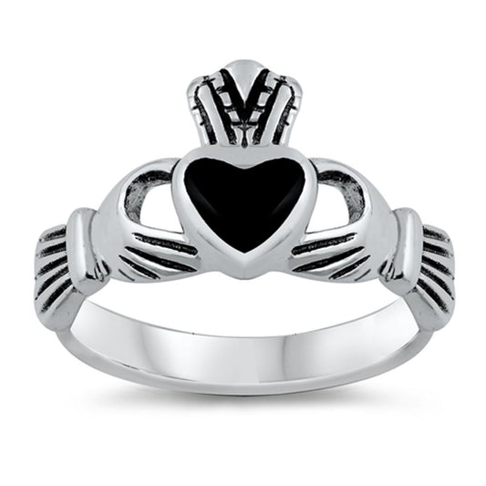 Black Onyx Polished Claddagh Heart Ring Sterling Silver Thumb Band Sizes 4-9