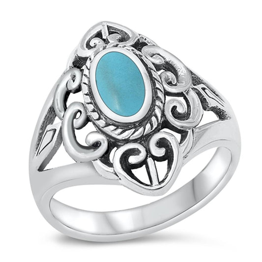 Turquoise Polished Swirl Cutout Oval Ring .925 Sterling Silver Band Sizes 6-10