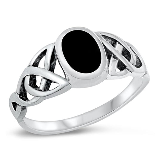 Black Onyx Celtic Knot Solitaire Polished Ring Sterling Silver Band Sizes 4-10