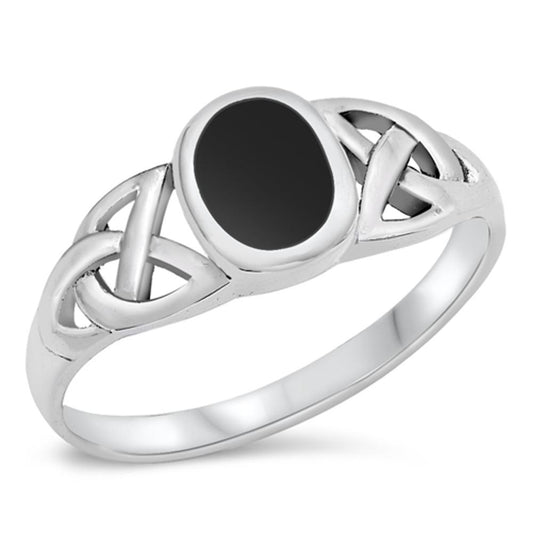 Black Onyx Celtic Knot Solitaire Polished Ring Sterling Silver Band Sizes 5-10