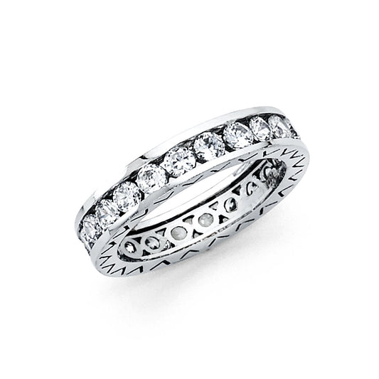 14k White Gold Round Clear CZ Eternity Channel Wide Wedding Ring Band Sizes 5-9
