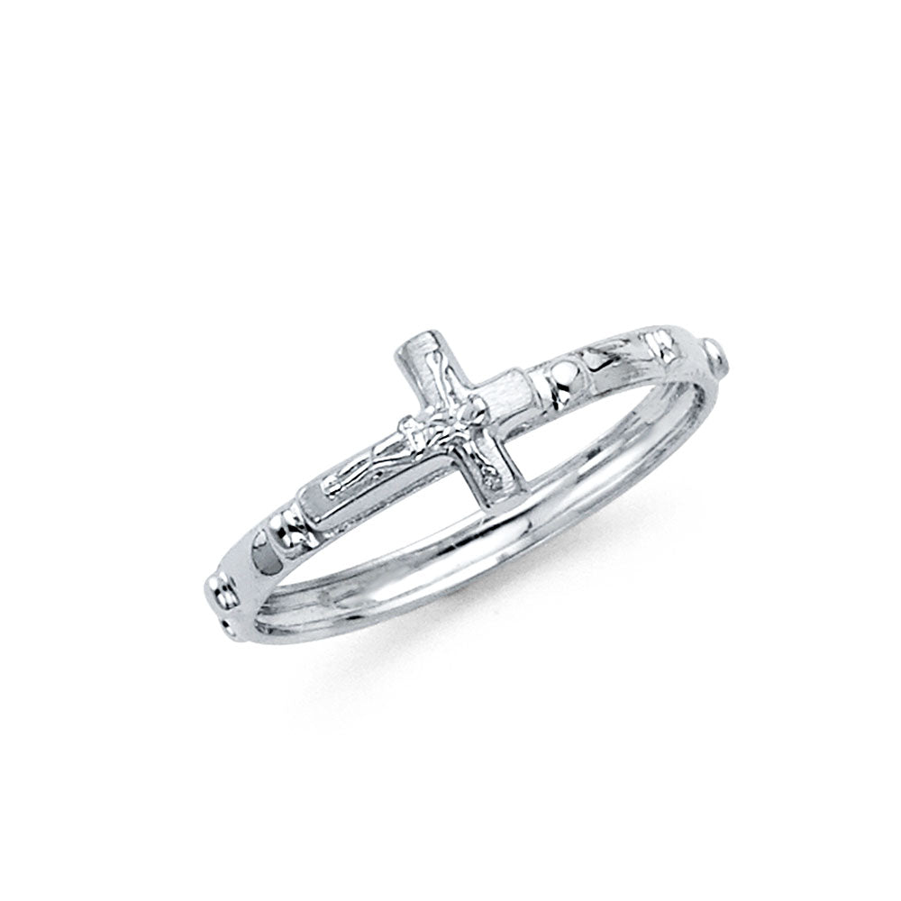 Pure 14k Gold White Crucifix Cross Rosary Ring Eternity Christian Band Sizes 5-9