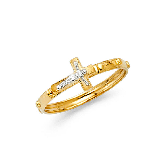 Pure 14k Gold Yellow Crucifix Cross Rosary Ring White Christian Band Sizes 5-9