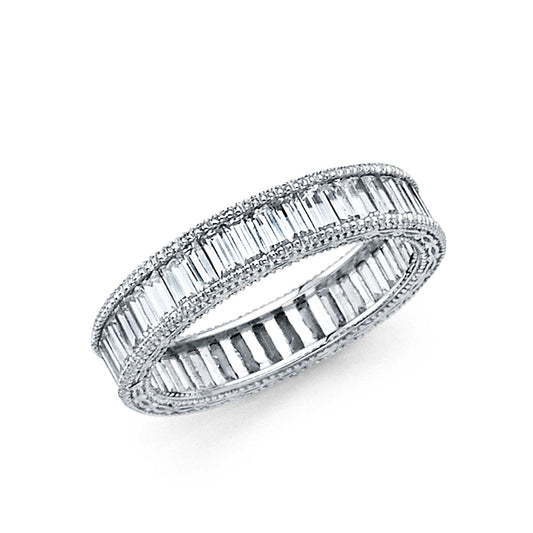 14k White Gold Clear CZ Eternity Channel Baguette Wedding Ring Band Sizes 5-9