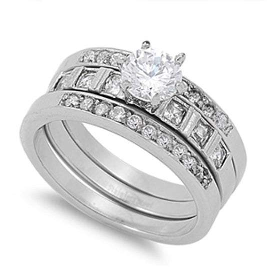 Women's Wedding Set Clear CZ Solitaire Ring 316L Stainless Steel Band Sizes 5-10