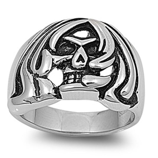 Men's Skull Biker Ring Polished Stainless Steel Band New USA 18mm Sizes 9-14