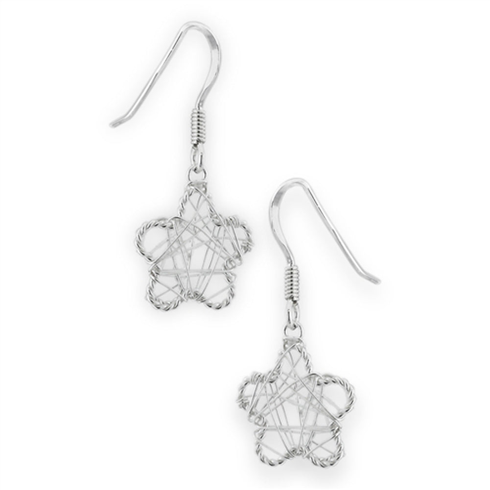 Rounded Star Wire Wrapped Unique .925 Sterling Silver Funky Dangle Flower Earrings