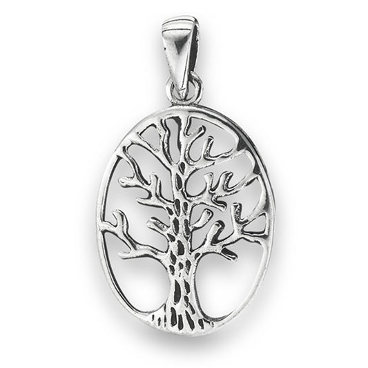 Oval Tree of Life Pendant .925 Sterling Silver Detailed Cutout Branch Charm