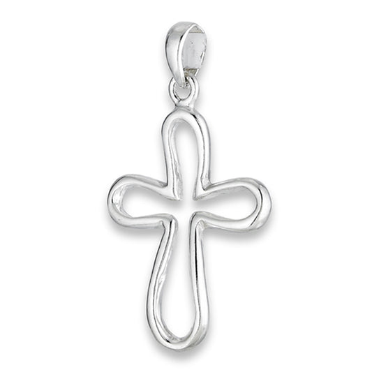 Open Cross Pendant .925 Sterling Silver Thick Chunky Curved Artistic Outline Charm