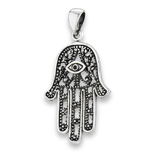 Hamsa Hand of God Pendant .925 Sterling Silver Ornate Detailed Fatima Charm