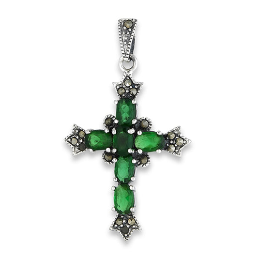 Detailed Cross Pendant Simulated Marcasite Simulated Emerald .925 Sterling Silver Charm