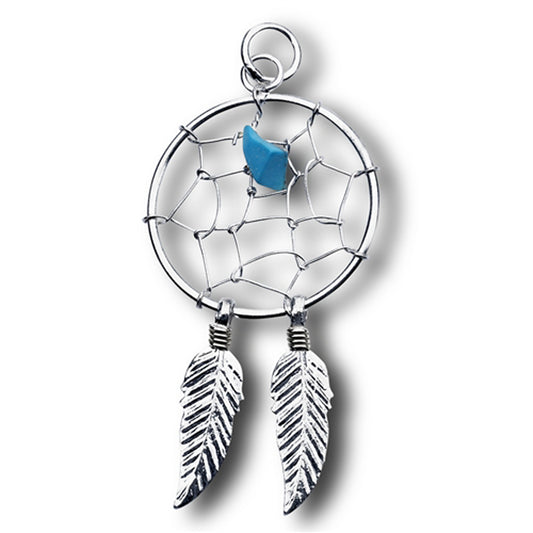 Feather Dream Catcher Pendant Simulated Turquoise .925 Sterling Silver Charm