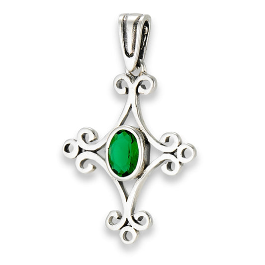 Filigree Cross Pendant Simulated Emerald .925 Sterling Silver Bohemian Charm