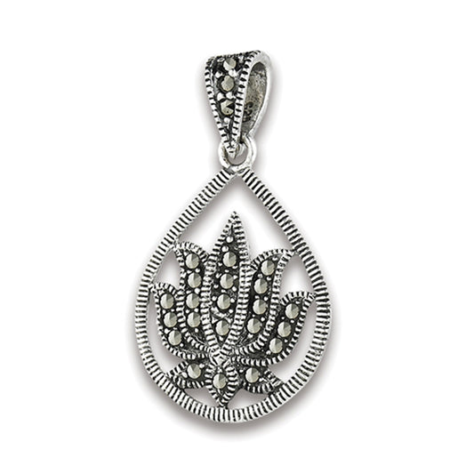 Spiritual Lotus Pendant Simulated Marcasite .925 Sterling Silver Growth Charm