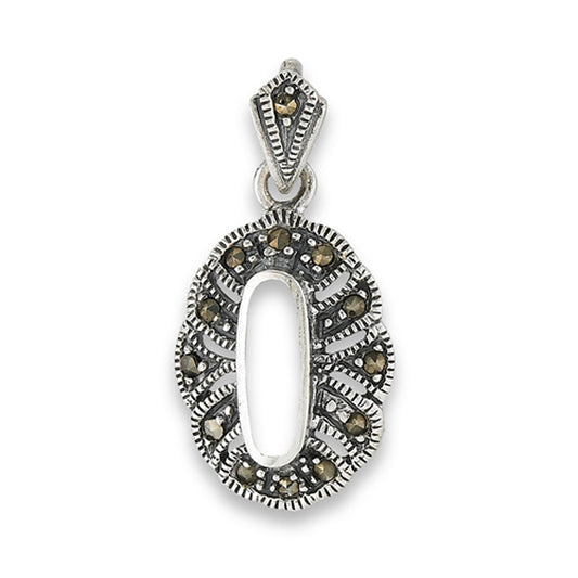Traditional Long Oval Pendant Simulated Marcasite Simulated Mother of Pearl .925 Sterling Silver Charm