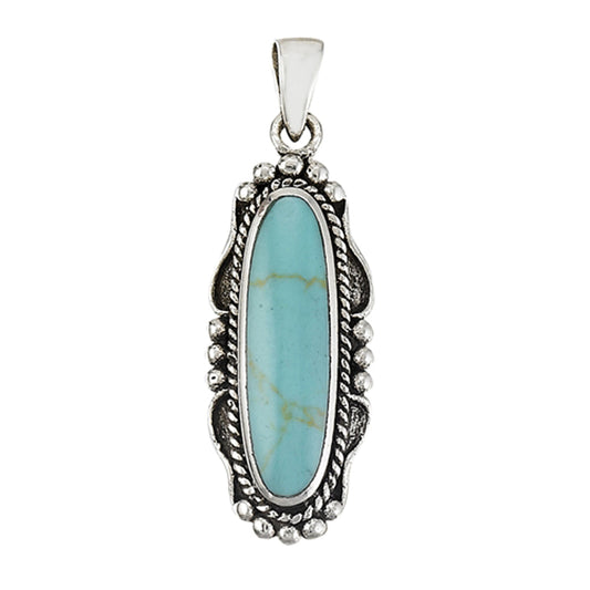 Long Oval Pendant Simulated Turquoise .925 Sterling Silver Rope Ornate Charm