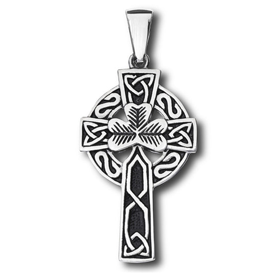 Celtic Clover Oxidized Cross Pendant Irish Weave Eternity Heavy Trinity Knot Charm