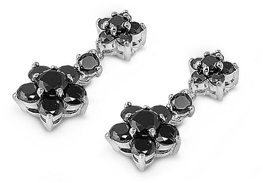 Flower Earrings Black Simulated CZ .925 Sterling Silver